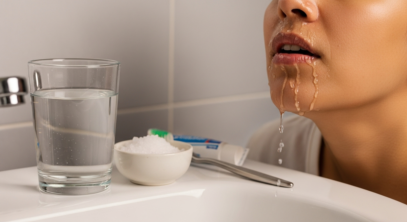 Person preparing a warm saltwater rinse to tighten a loose tooth at home.
