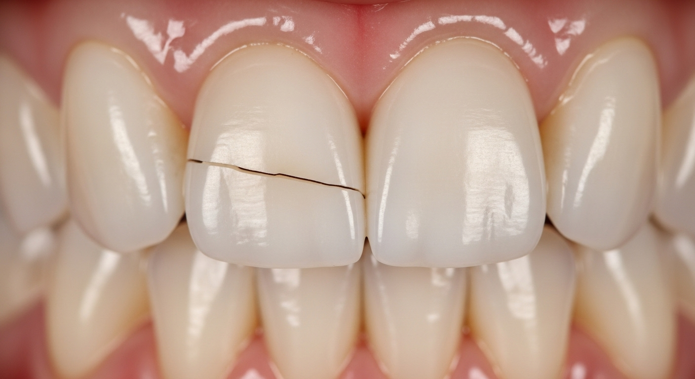 Close-up illustration of a cracked tooth with a visible fracture line on the enamel surrounded by healthy teeth