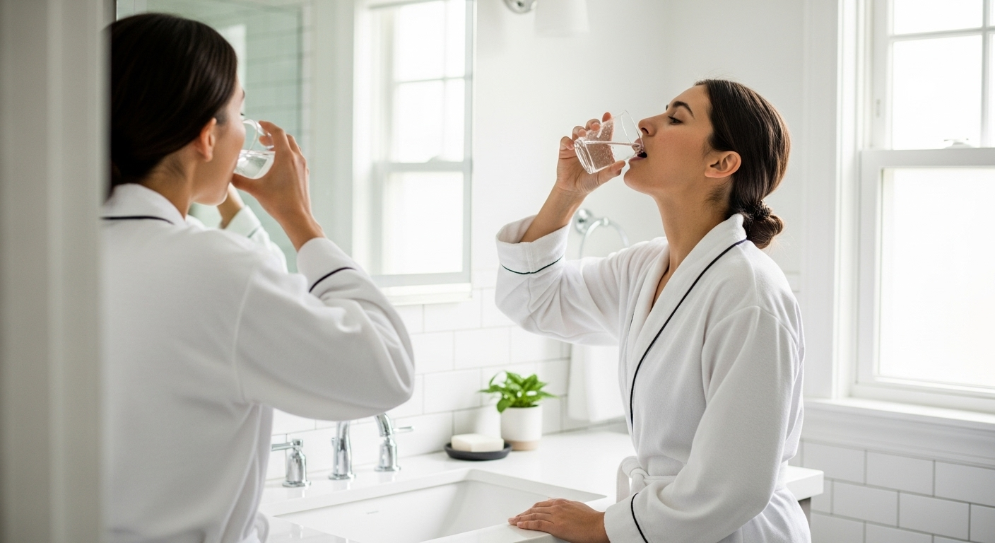 Person rinsing mouth with warm saltwater in a bathroom setting as a natural cracked tooth remedy