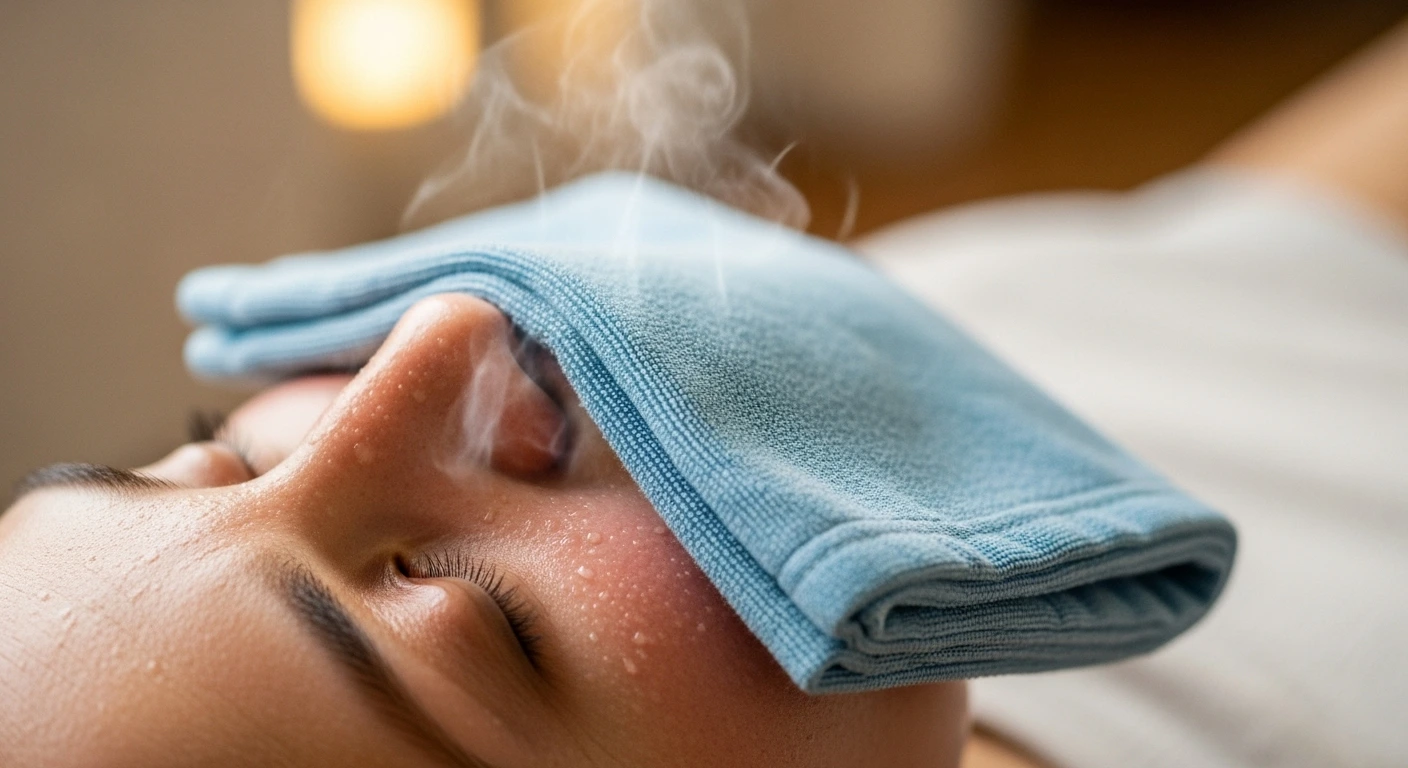 "Applying a warm compress on the face to reduce sinus congestion and tooth pain