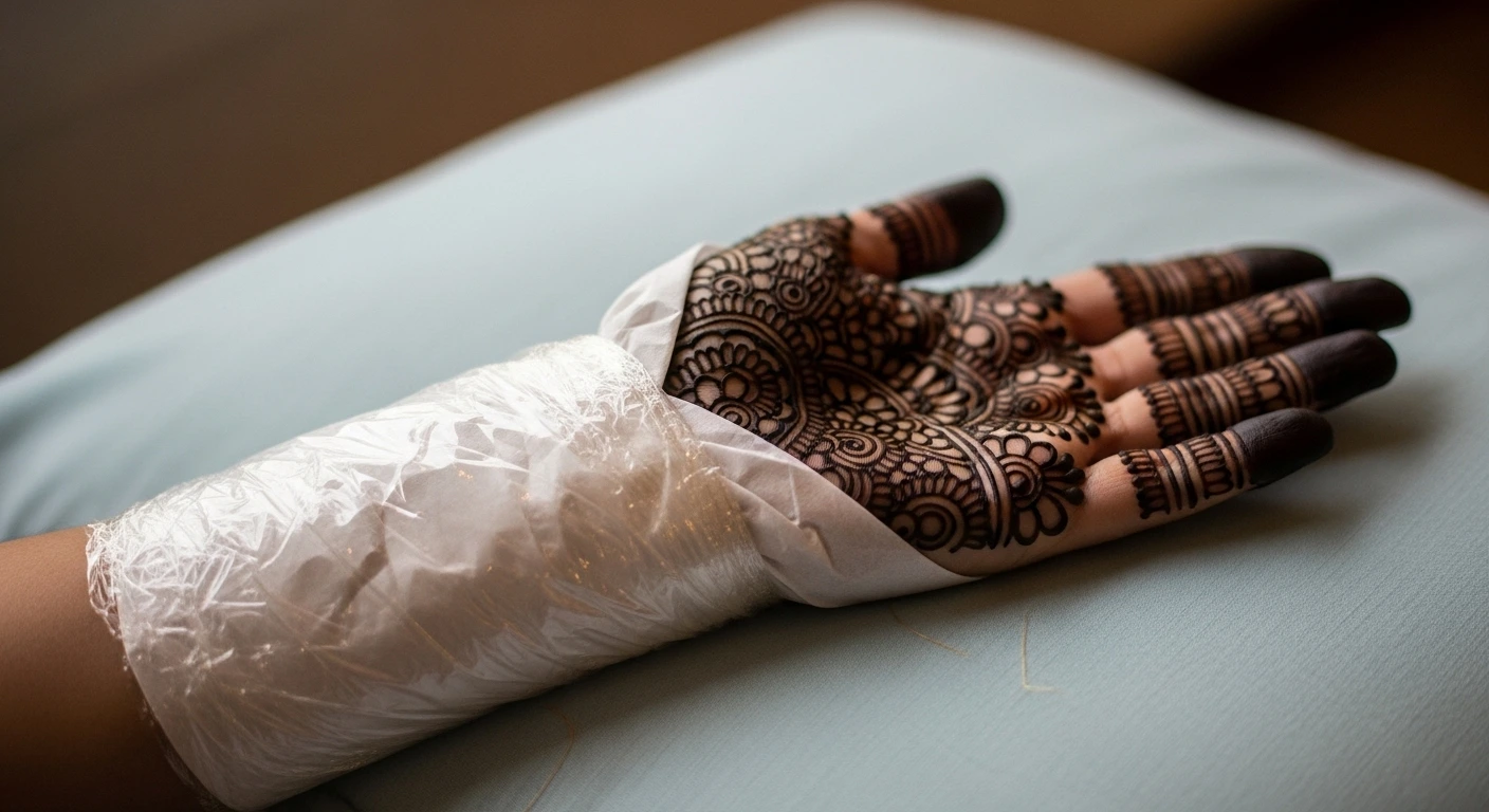 Hand with henna wrapped for overnight drying and deeper stain