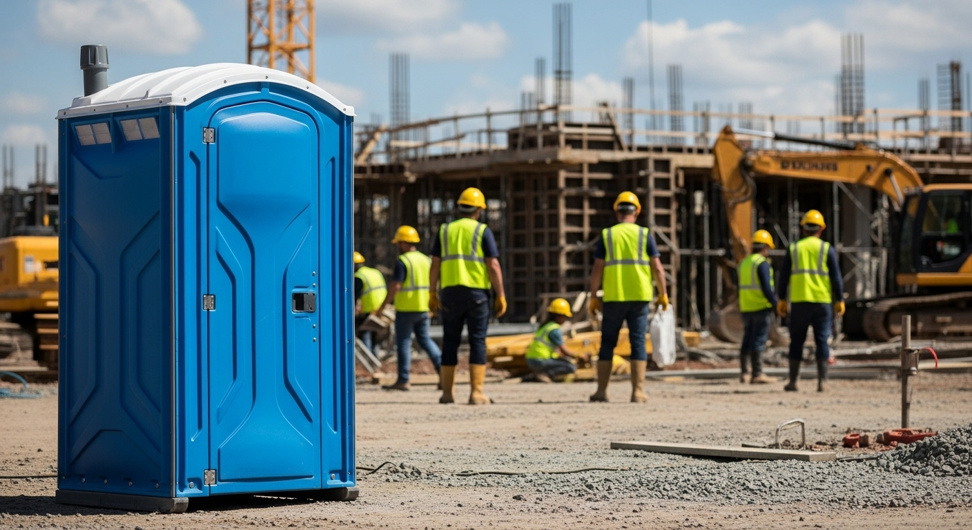 Standard porta potty rental at construction site with workers