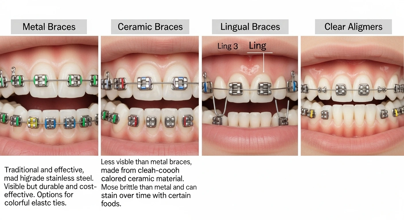 Types of braces including metal, ceramic, lingual braces, and clear aligners comparison.