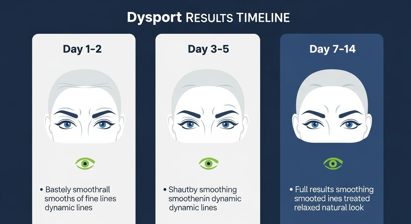 Dysport results timeline infographic from 2 days to 14 days