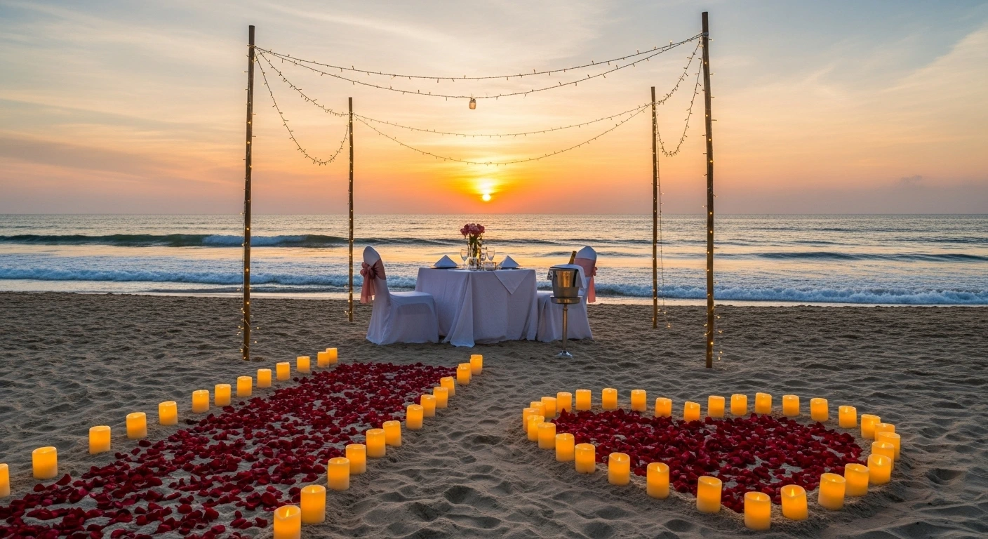 Romantic beach wedding proposal package with sunset candles, rose petals, and private dinner setup.