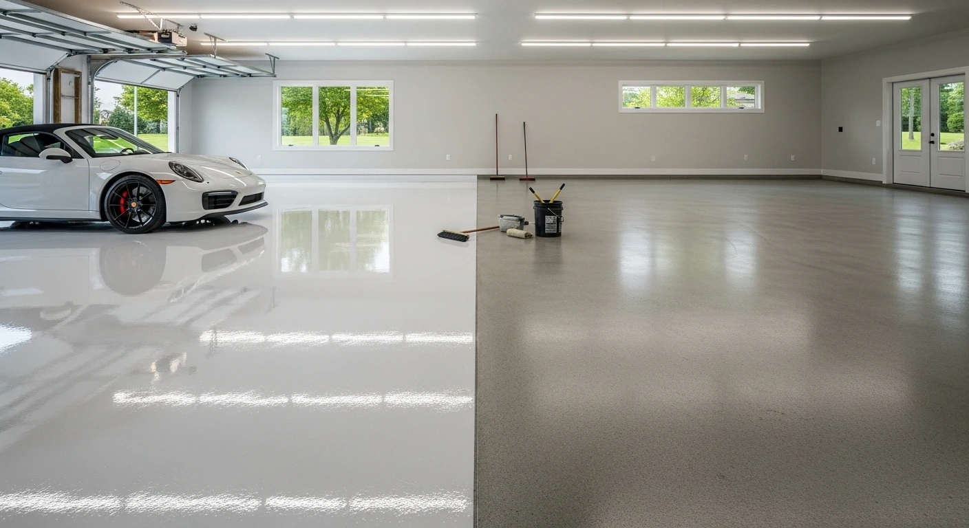Epoxy floor coating drying with a glossy finish in a modern garage