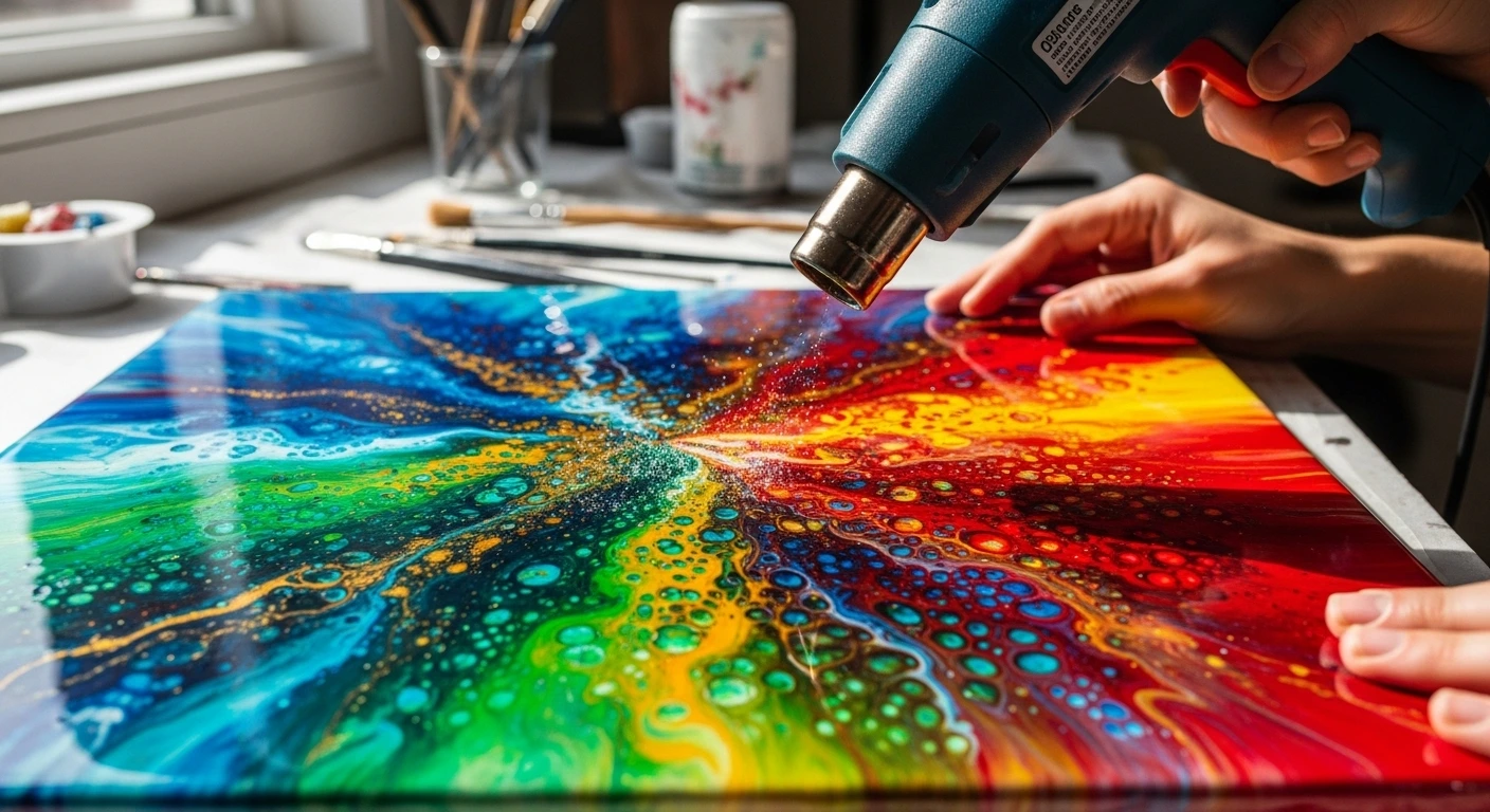 DIY epoxy resin art project with heat gun used to speed up drying