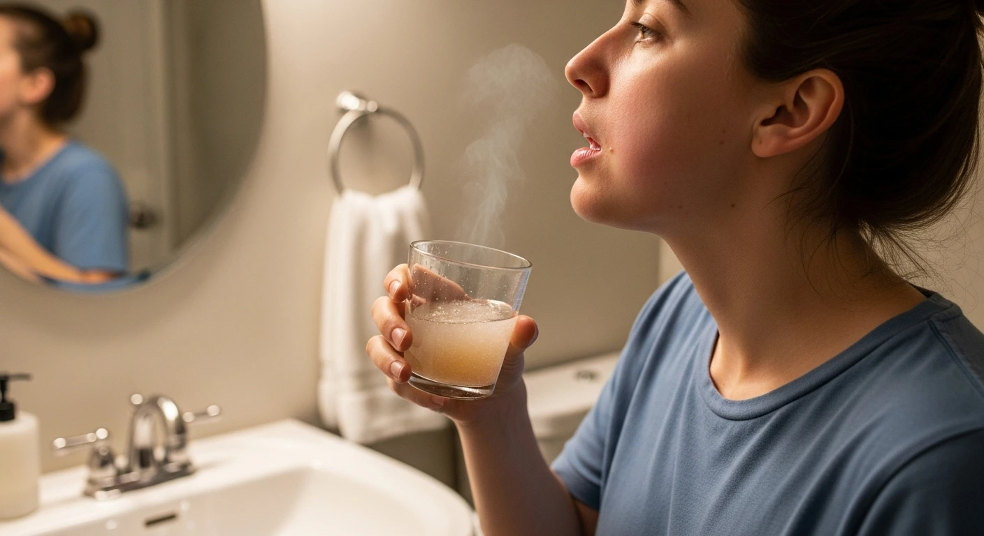 Rinsing mouth with salt water to clean wisdom tooth hole