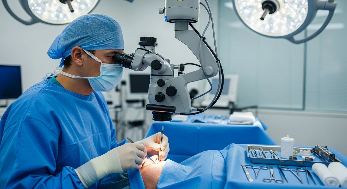 Ophthalmologist performing cataract surgery with modern medical equipment.