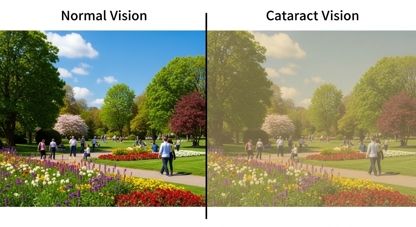 Comparison of normal vision versus blurry vision caused by cataracts
