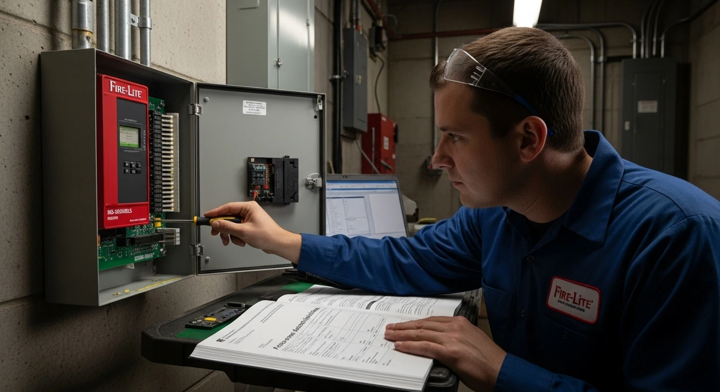 echnician updating Fire Lite panel account number with tools and manual.