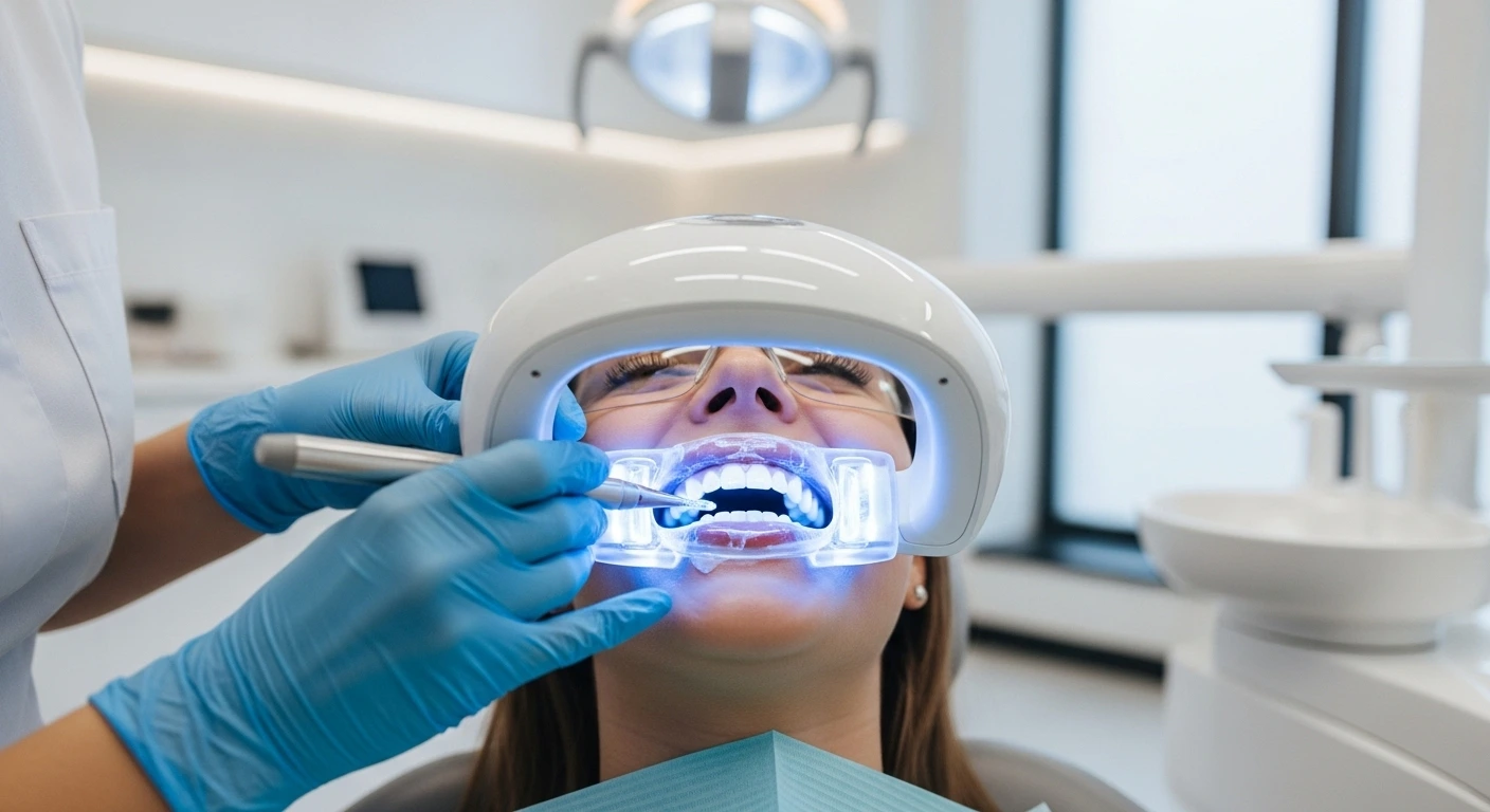 Dentist whitening teeth to remove coffee stains in dental clinic.
