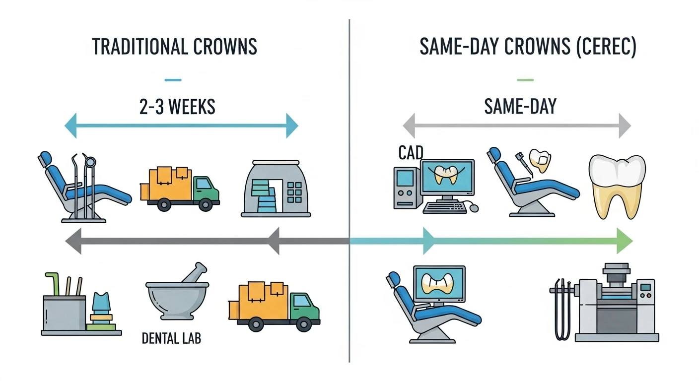 Infographic comparing traditional crowns and same-day crowns with treatment timelines.
