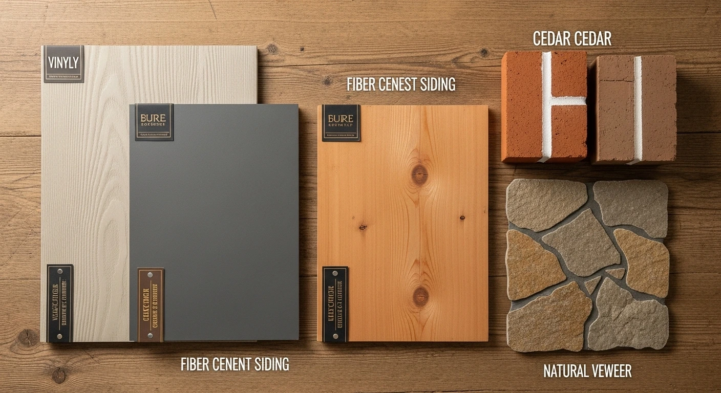 Comparison of siding materials for residing a house including vinyl, fiber cement, wood, brick, and stone.