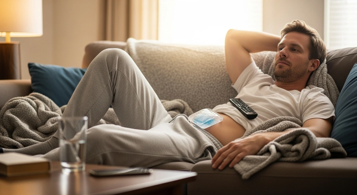 Man recovering at home after vasectomy procedure with ice pack.