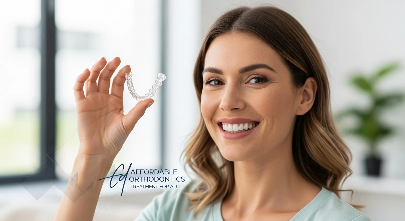 Adult woman holding Invisalign aligners smiling after orthodontic treatment