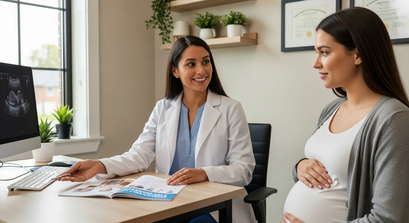 Pregnant woman discussing affordable ultrasound options without insurance at a clinic.