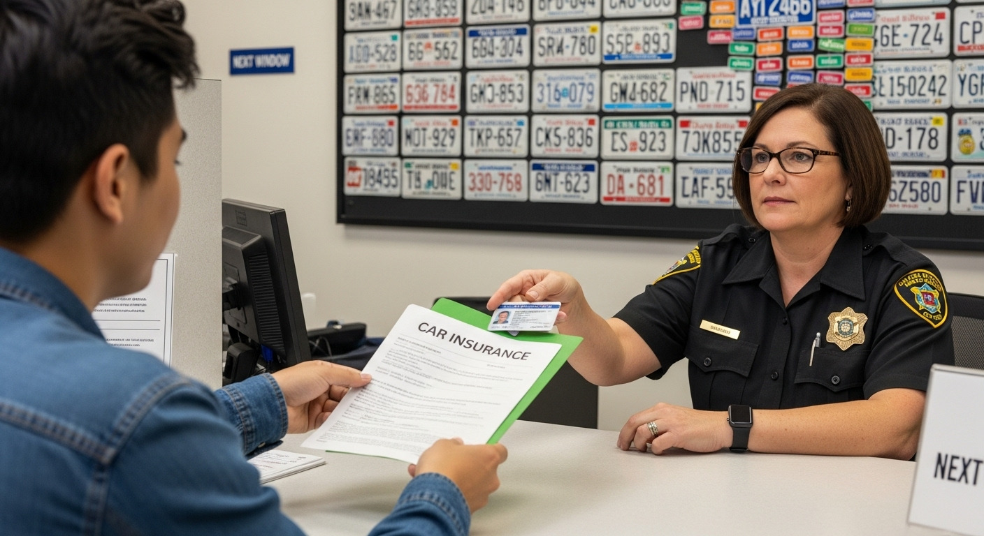 Driver showing proof of insurance to register car at DMV counter.