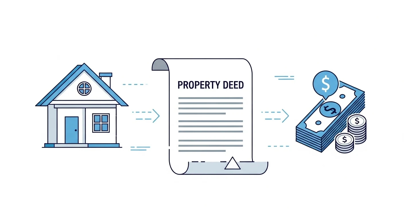 Infographic illustrating the property deed transfer process including contract, house, and payment.