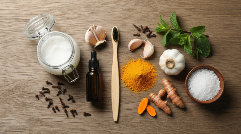 Coconut oil, turmeric, garlic, and clove oil as natural remedies to tighten loose teeth.