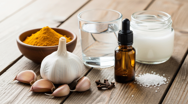 Natural home remedies for cracked tooth relief including garlic, turmeric, clove oil, saltwater, and coconut oil on a wooden table