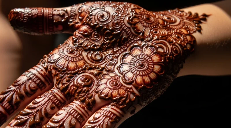 Fresh henna paste drying on hand with intricate floral design