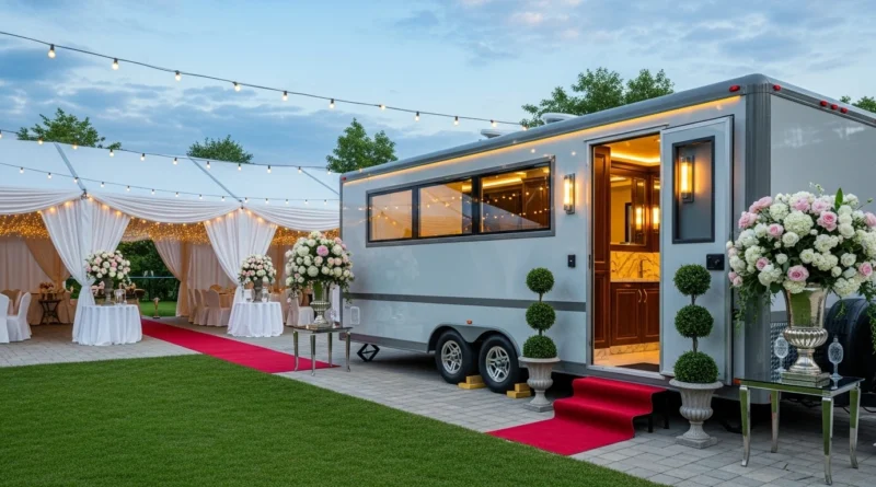 Luxury porta potty restroom trailer at outdoor wedding event
