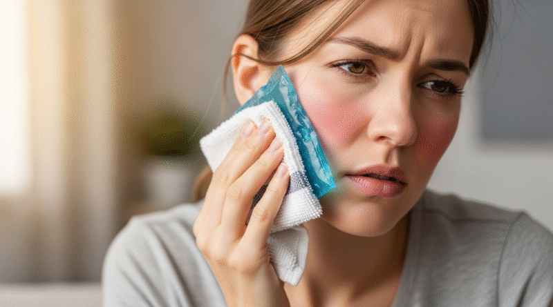 Applying an ice pack on cheek to reduce swelling and throbbing pain after root canal treatment.