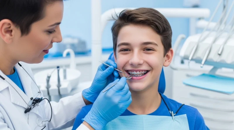 Teenager wearing metal braces during orthodontic checkup at dental clinic.