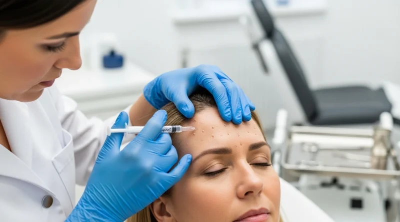 Dermatologist injecting Dysport into forehead for wrinkle treatment.