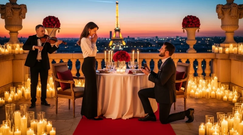 Luxury destination wedding proposal package in Paris with Eiffel Tower, candles, and violin music.