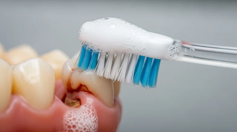 Gentle cleaning near wisdom tooth hole with soft toothbrush