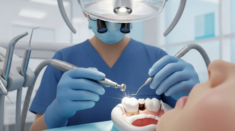 Dentist filling a cavity using modern dental tools during a dental procedure