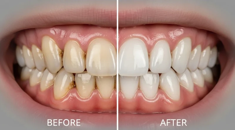Before and after teeth whitening showing coffee stain removal.