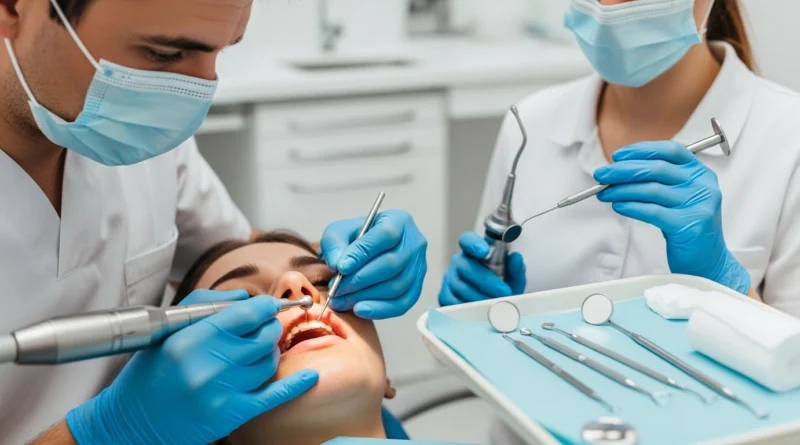 Dentist preparing a patient’s tooth for a dental crown procedure in a modern clinic.