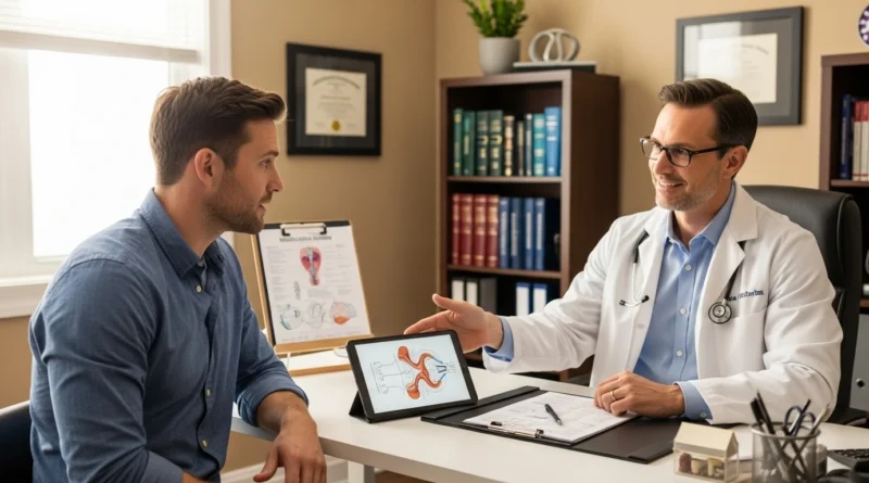 Man consulting doctor about vasectomy procedure and insurance coverage.