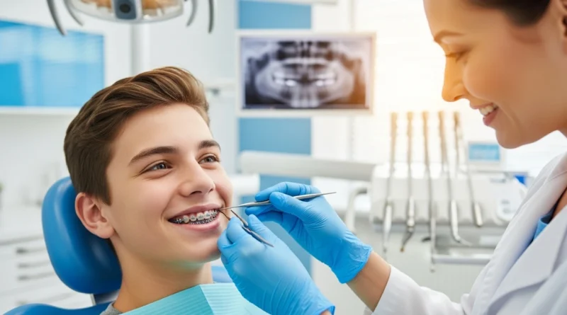 Teenager with traditional metal braces at orthodontist clinic