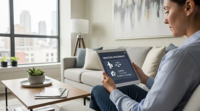 Tenant reviewing renters insurance policy for personal injury and liability coverage in apartment living room