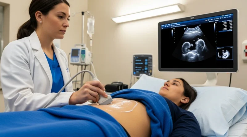 Abdominal ultrasound procedure being performed in a hospital without insurance.