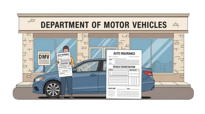 Car insurance papers required for DMV car registration process.