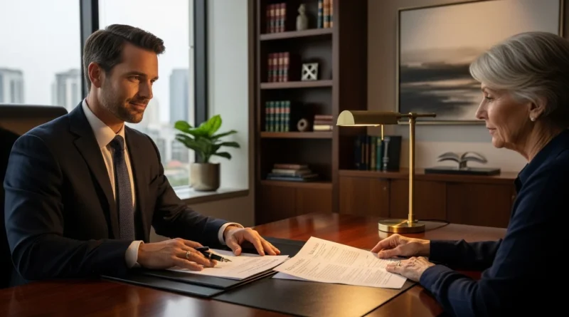 Lawyer reviewing property deed documents with a client in a modern office.